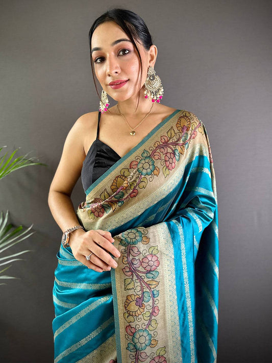Sky Blue Geometric Zari And Kalamkari Silk Saree by My Store