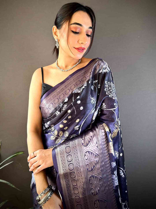 Purple Soft Silk Animal Bandhej Saree by My Store
