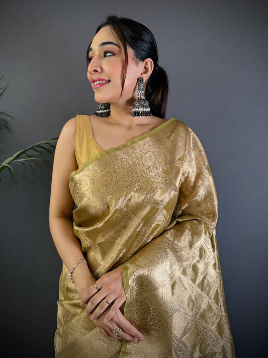 Olive Tissue Jarokha Zari Weaving Saree by My Store