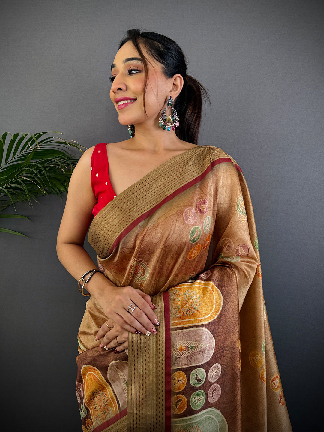 Light Brown Tussar Silk Kalamkari Print Saree by My Store