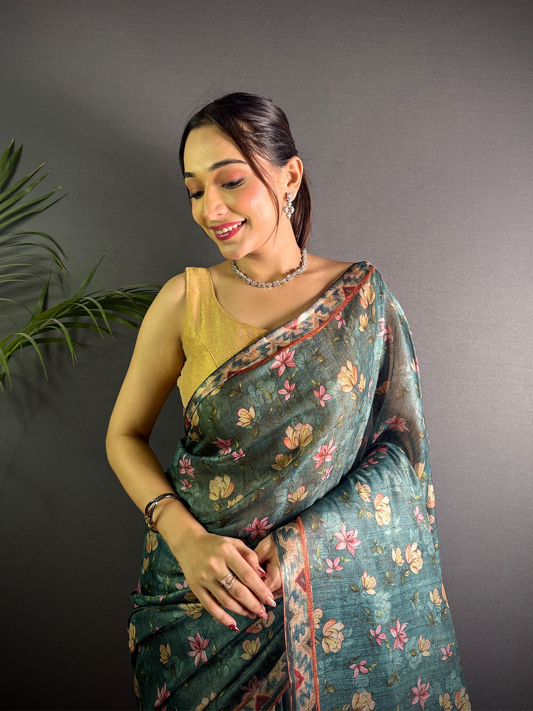 Bottle Green Linen Juth Digital Print Saree by My Store