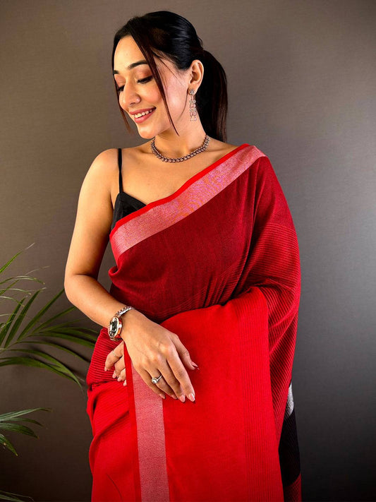 Red Stylish Linen Saree With Zari Border by My Store