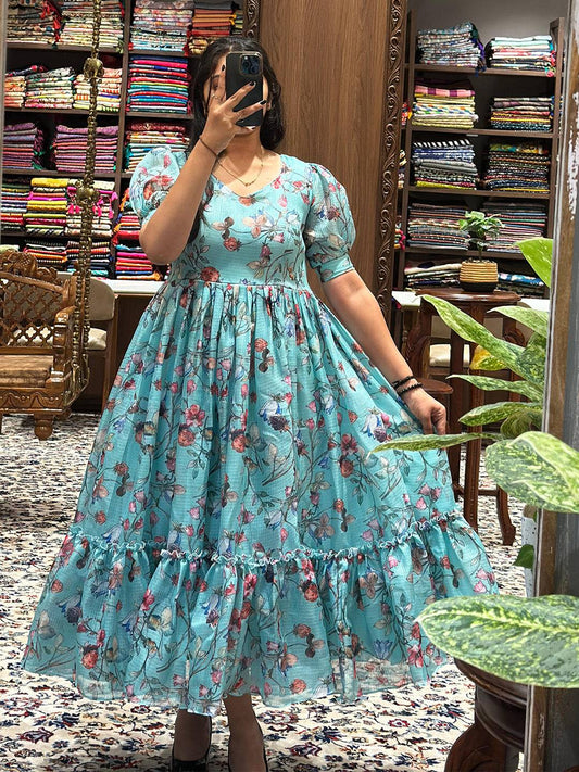 Powder Blue Floral Print Dress by My Store