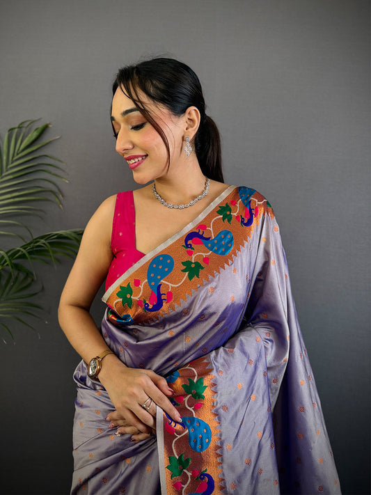 Regal Lavender Yeola Paithani Soft Silk Saree by My Store