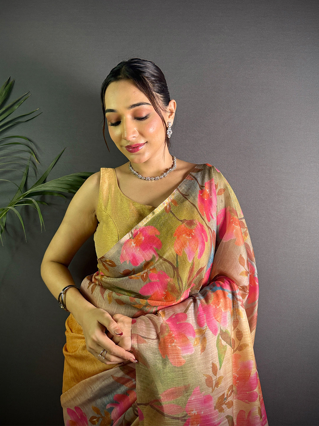 Mustard Yellow Linen Juth Digital Print Saree by My Store