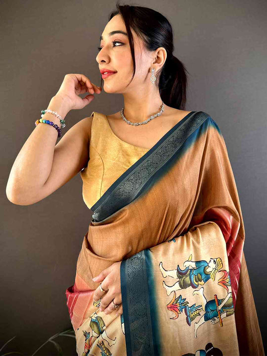 Coffee Brown Kalamkari Ombre Soft Silk Saree by My Store