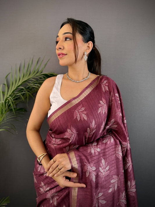 Dark Mauve Leaf Print Ghicha Handloom Saree by My Store