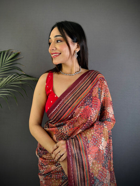 Rust Charm Mirror Work Silk Saree by My Store
