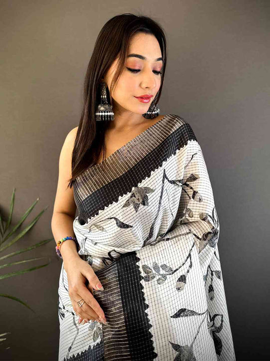 Kalamkari Black Check Tissue Chanderi Saree by My Store