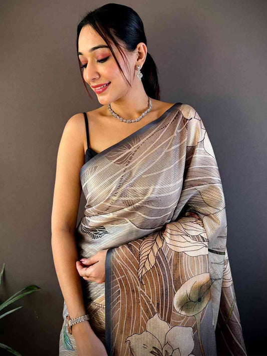 Grey Semi Zari Tussar Botanical Saree by My Store