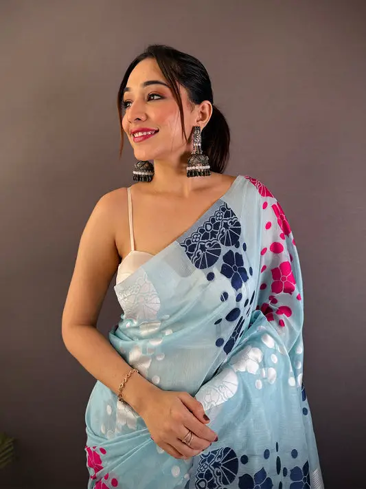 Blue Dhakai Jamdani Cotton Silk Saree