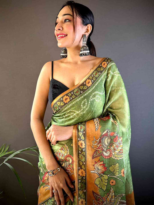 Pista Tissue Bandhej Kalamkari Saree by My Store