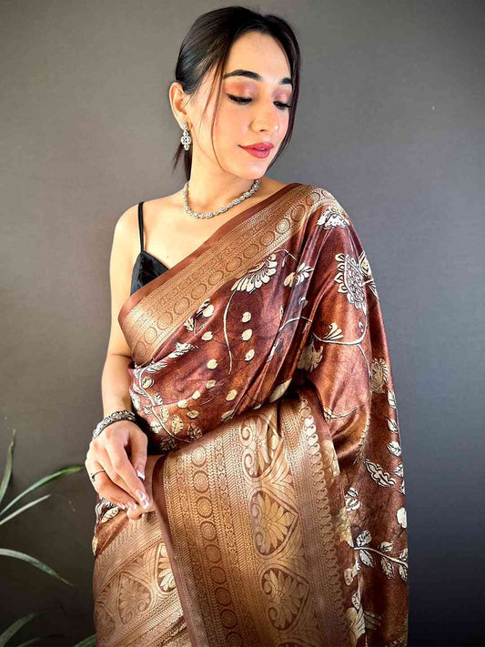 Brown Soft Silk Animal Bandhej Saree by My Store