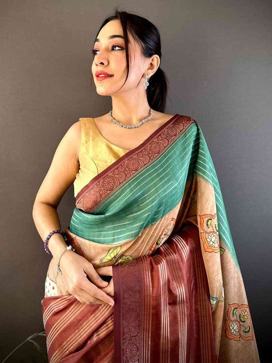 Green Soft Crep Silk Ombre Print Saree by My Store