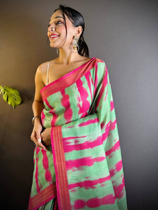 Pista Shibori Print Linen Saree by My Store