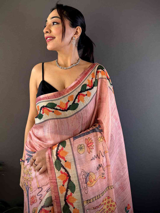 Crepe Pink Jungle Floral Zari Tissue Saree by My Store