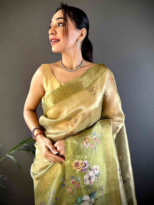 Pista Tissue Digital Floral Saree by My Store
