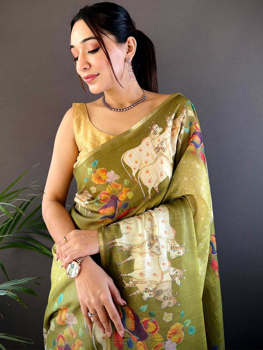 Green Chanderi Pichwai Print Saree by My Store