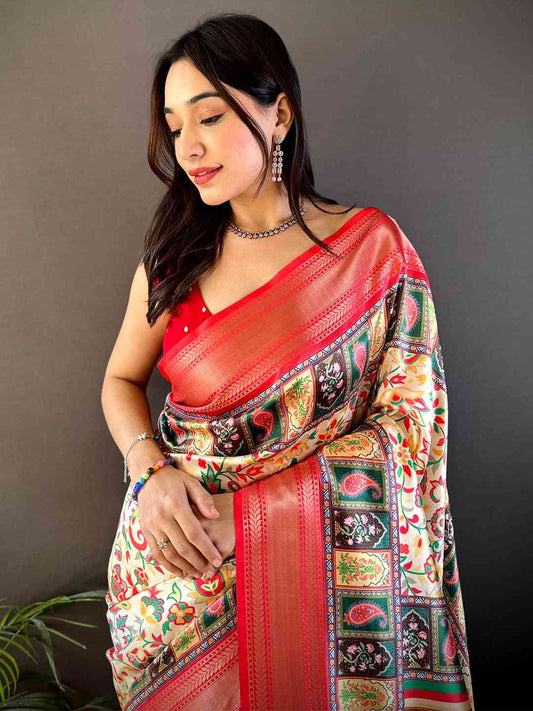 Cream Mughal Kalamkari Print Pashmina Saree by My Store