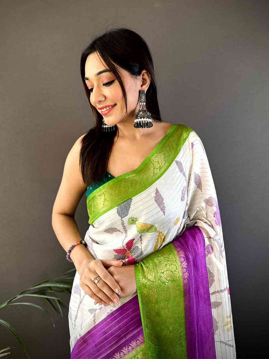 Green Dola Silk Bird Print Saree by My Store