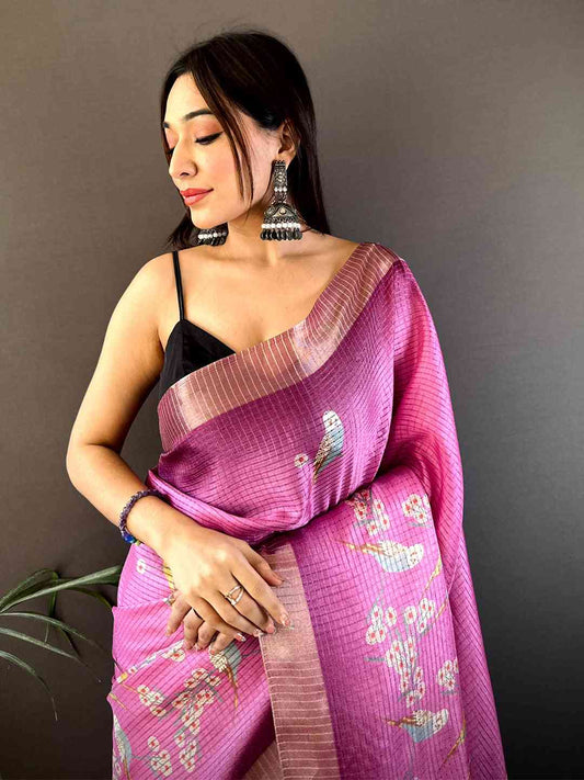 Pink Chanderi Check Sparrow Print Saree by My Store