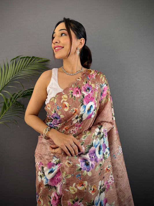 Brown Kota Doriya Floral Cut Work Saree by My Store