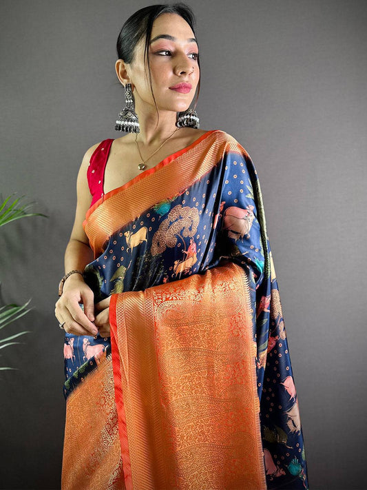 Navy Satin Pichwai Print Saree by My Store