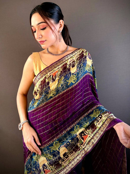 Violet Chinnon Chiffon Kalamkari Saree