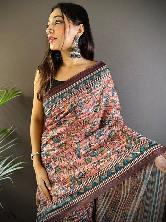 Rust Kalamkari Stripes Chanderi Saree by My Store