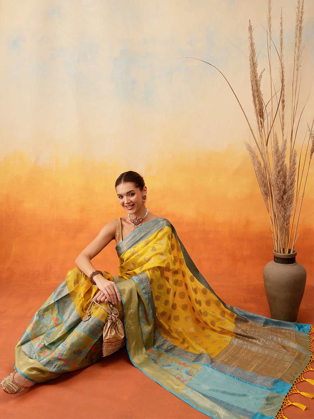 Vibrant Yellow Ethnic Motifs Banarasi Silk Saree