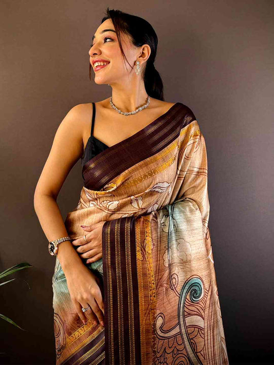 French Beige Soft Silk Abstract Geometric Saree by My Store
