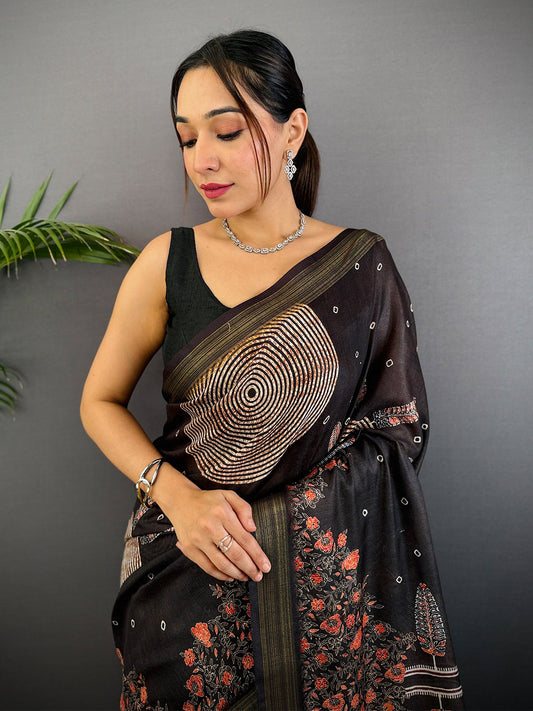 Deep Brown Linen Ajarak Print Saree by My Store