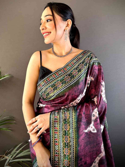 Dark Wine Soft Silk Fish Kalamkari Saree by My Store