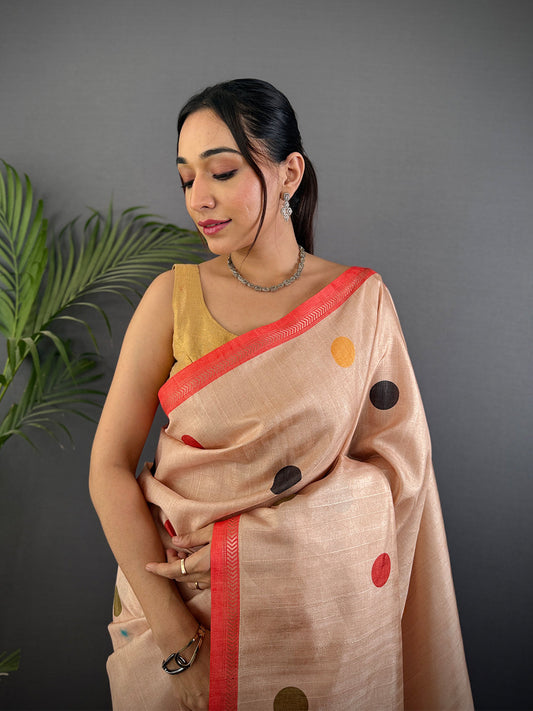Cream Handloom Ghicha polka Dot Saree by My Store