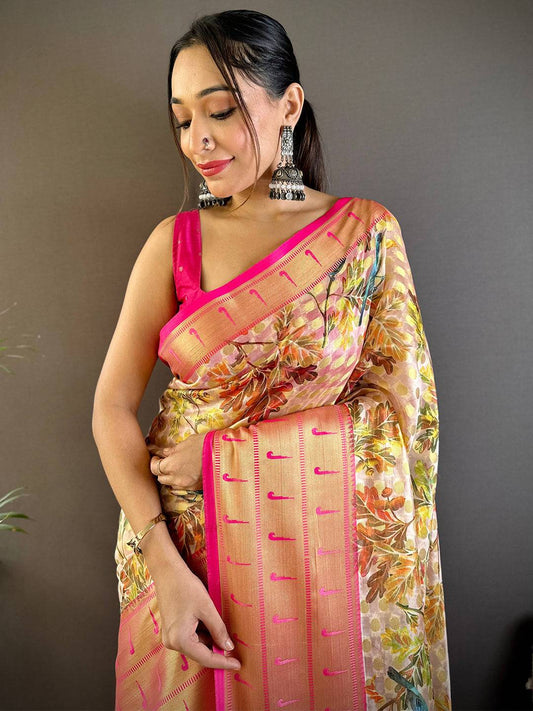 Light Beige Paithani Kora Silk Saree by My Store