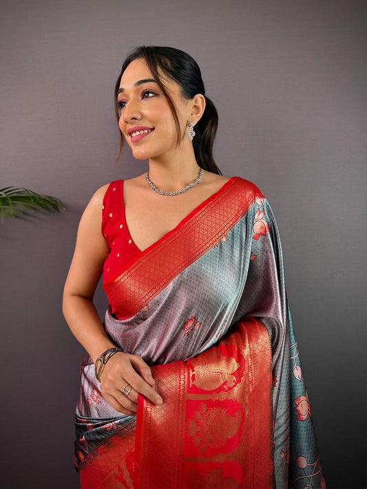 Artisan Soft Cherry Satin Kalamkari Print Saree