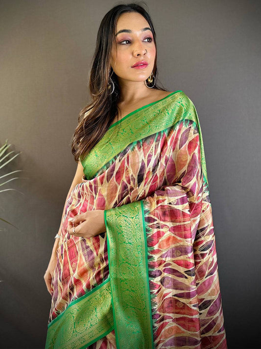 Green Kovai Rettapet Border Geometric Saree by My Store