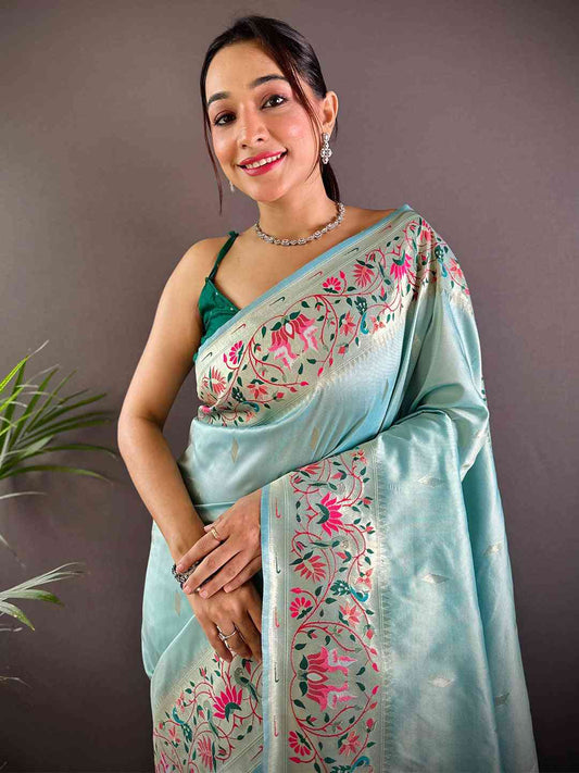 Sky Blue Yevla Paithani Meenakari Saree by My Store