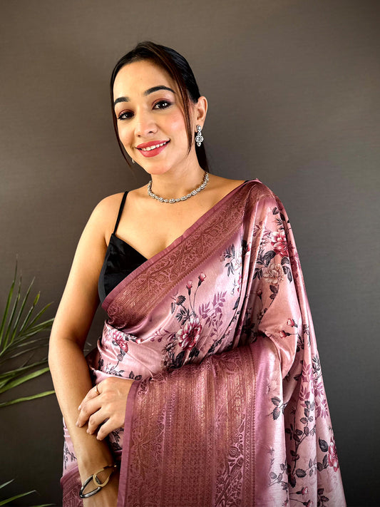 Graceful Black Aura Silk Floral Print Saree by My Store