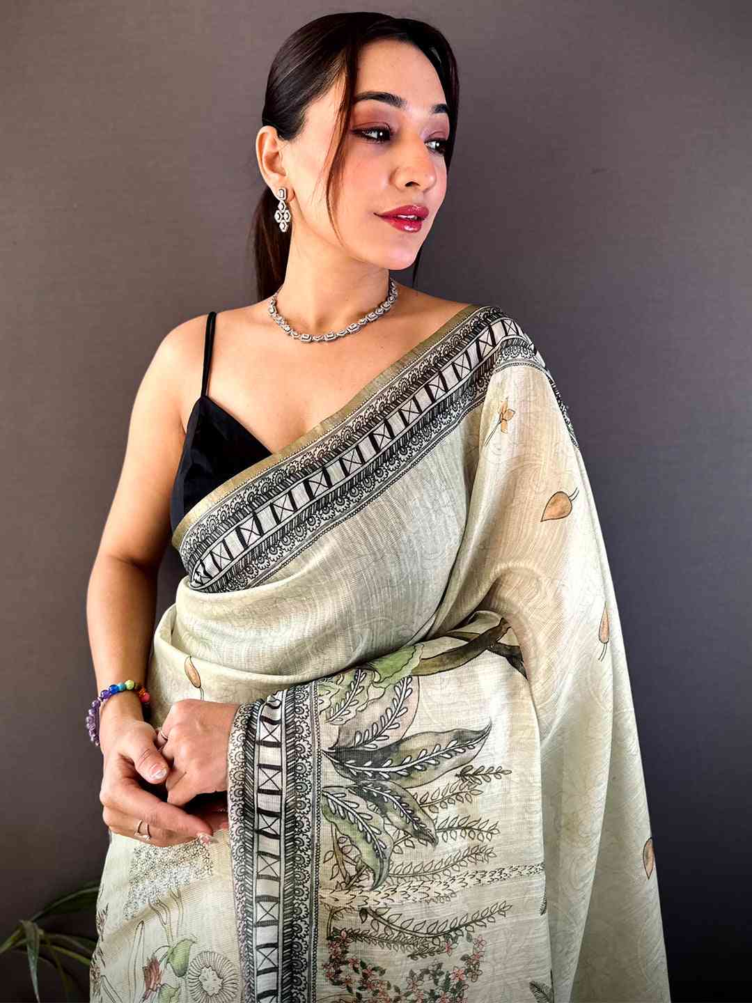 Mint Green Tissue Floral Leaf Print Saree by My Store