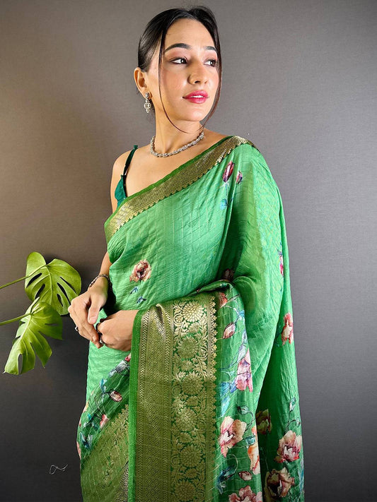 Green Floral Zari Chex Saree by My Store