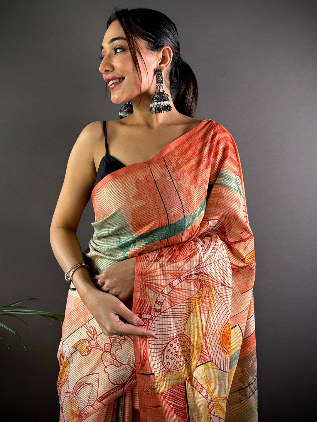Orange Tussar Silk Lush Botanical Prints Saree by My Store