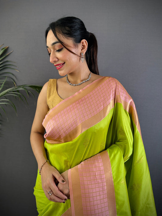 Green Kolam Zari Butta Soft Silk Saree by My Store