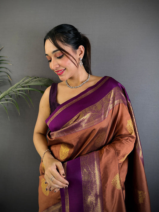 Gold Zari Bantex Border Silk Saree by My Store