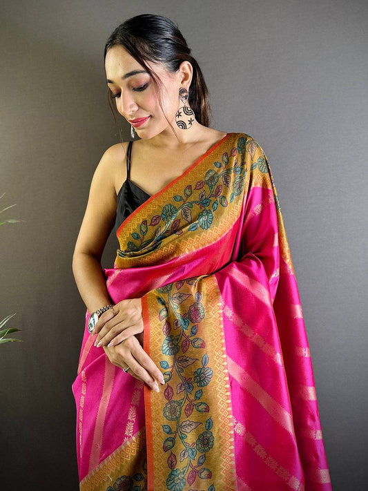 Pink Gold Zari And Kalamkari Print Saree by My Store
