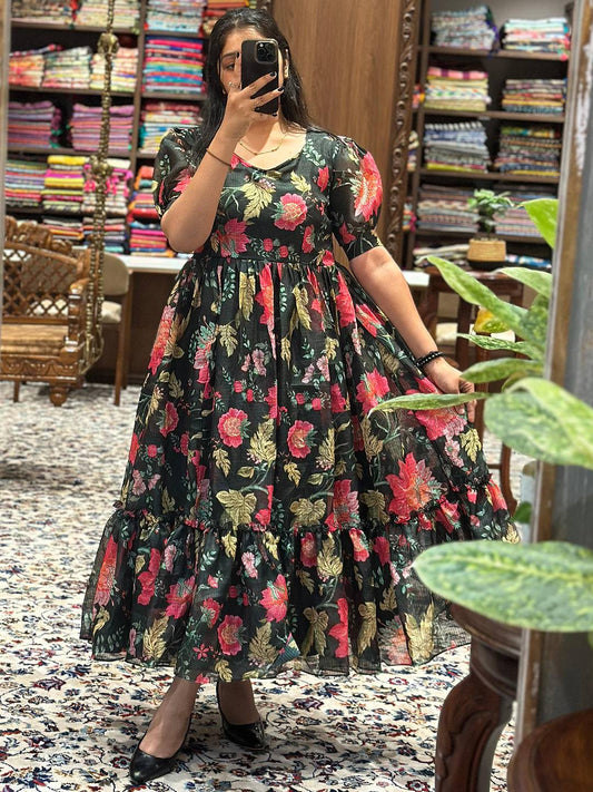 Revan Black Floral Print Midi Dress by My Store