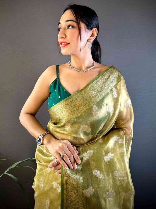 Graceful Olive Kora Tissue Saree by My Store
