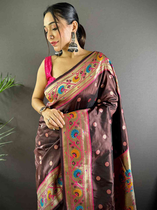 Brown Colour Yevla Paithani Soft Silk Saree by My Store