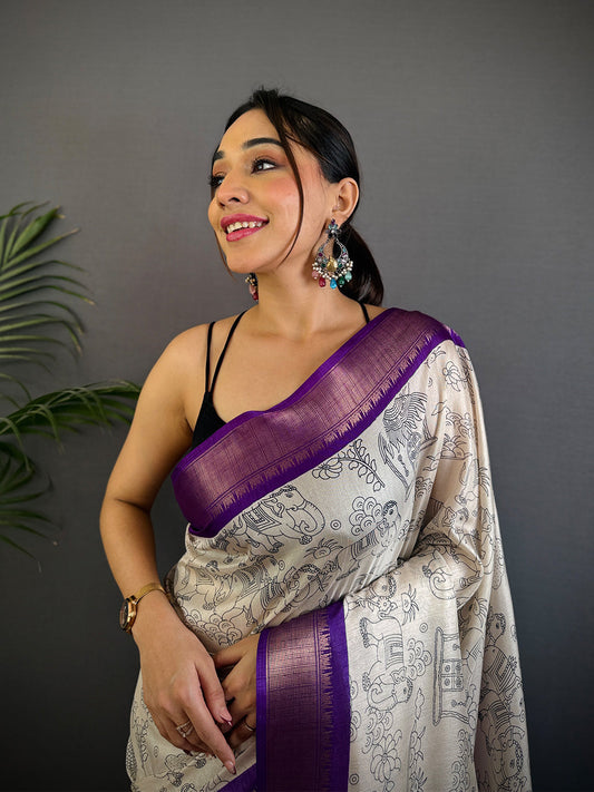 Purple Dola Silk Pen Kalamkari Print Saree by My Store