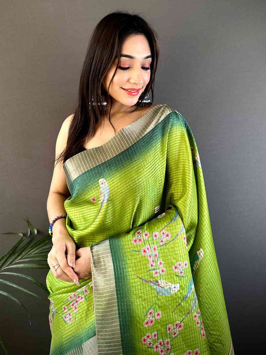 Green Chanderi Check Sparrow Print Saree by My Store